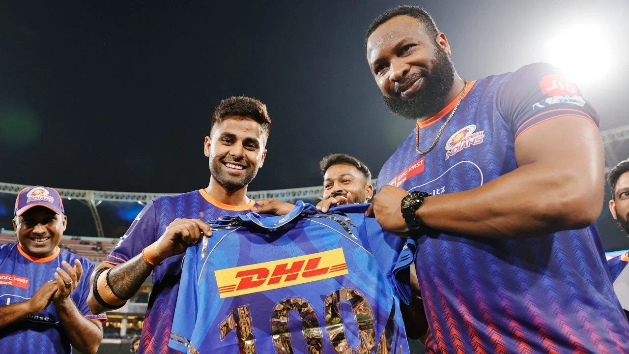 Kieron Pollard hands jersey to Suryakumar Yadav